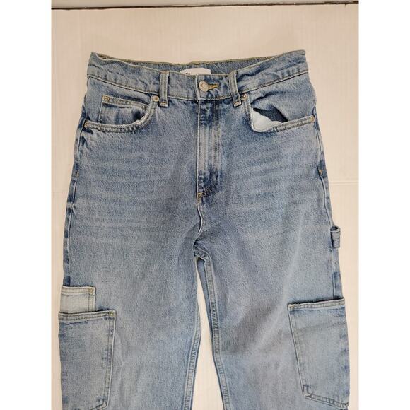 Zara Cargo Jeans Womens Sz 4 Slim Straight High Rise Carpenter Utility Pockets - Picture 3 of 11